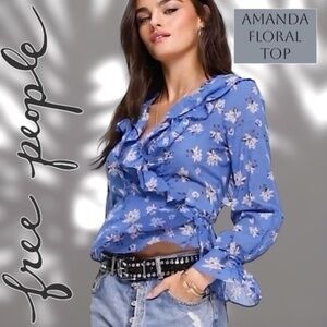 FREE PEOPLE Amanda Ruffle Detail Wrap-Style Cotton Blouse NWT/Blue Floral/Sm